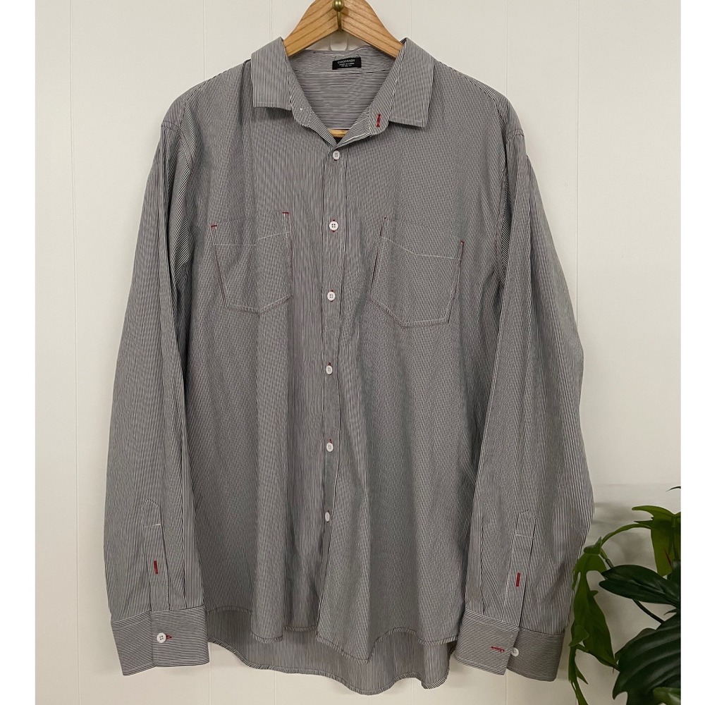 Coofandy Mens XL Black White Micro Stripe Button Down Shirt Red Contrast Stitch